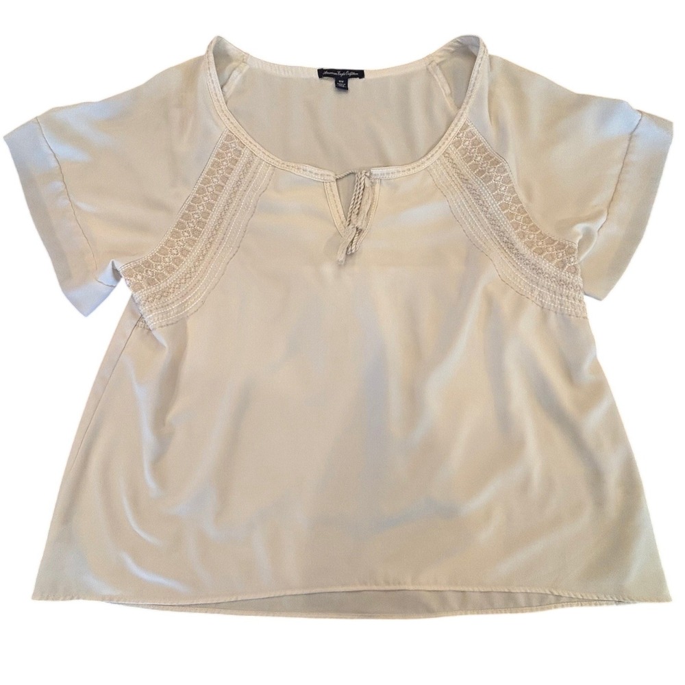 American Eagle Outfitters Cream Crochet Lace Tassel Tie Blouse Medium Ivory Boho